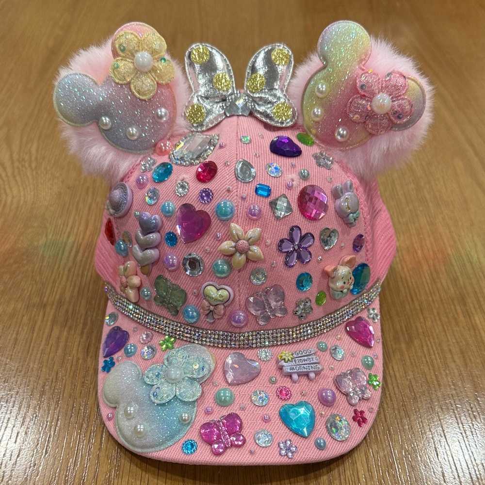 Hand Crafted Pink Kids Cap with Colorful Gems